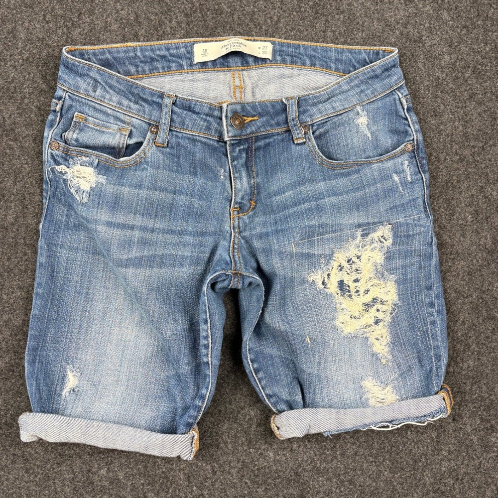 Abercrombie & Fitch Distressed Denim Shorts Medium Wash Blue Womens 4R W27 L31